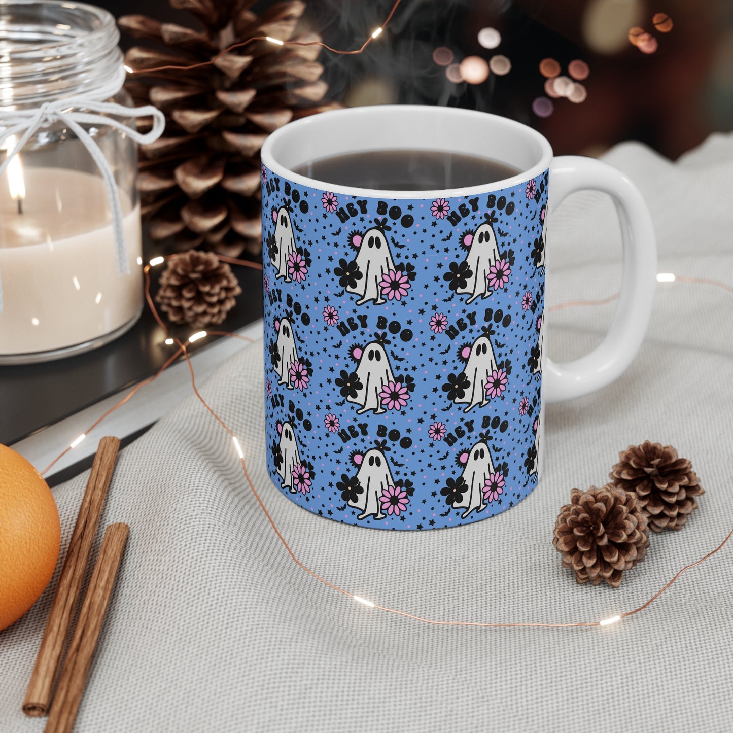 11oz Mug with ghost and hey boo design, blue