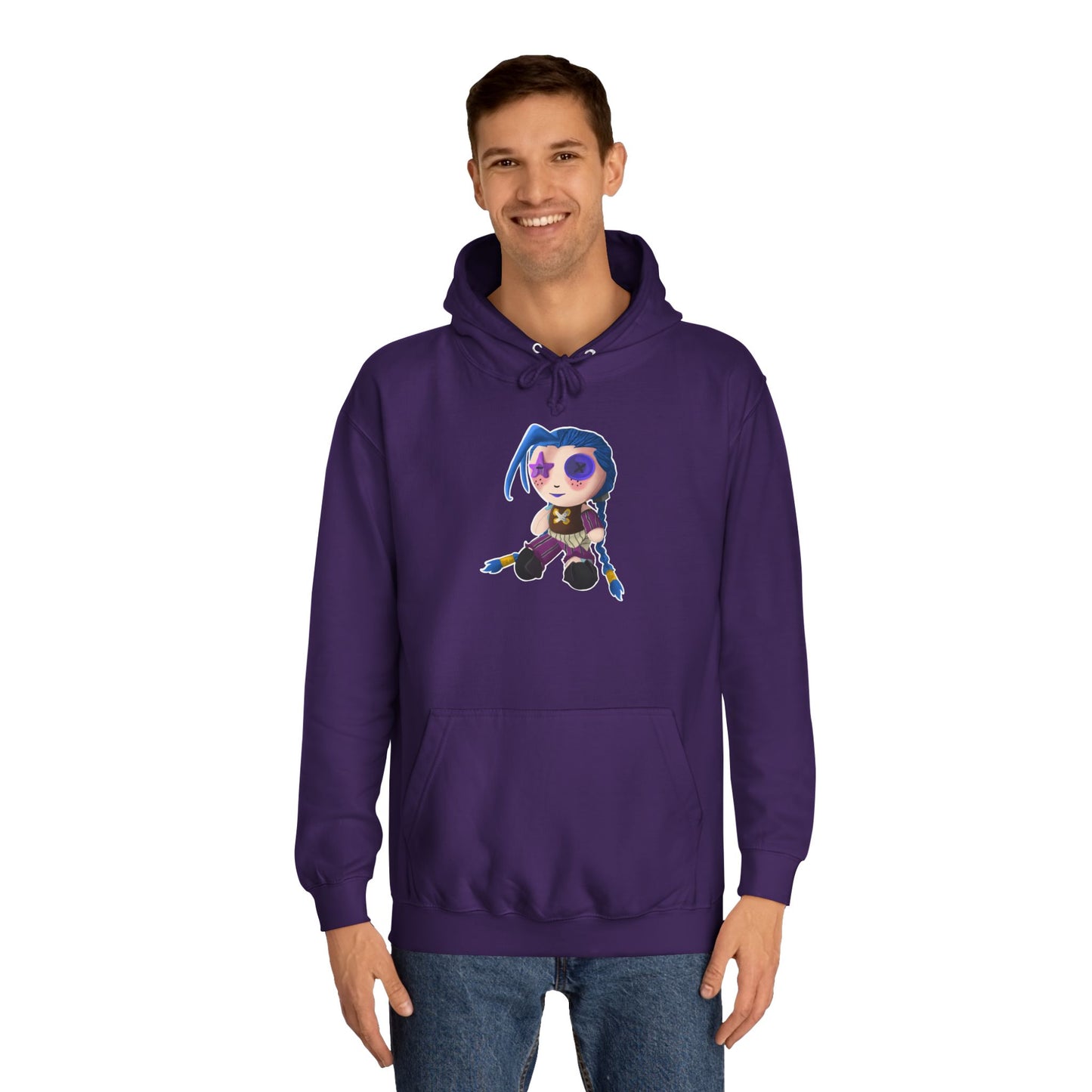 Purple unisex college hoodie with fan drawn jinx, arcane, anime