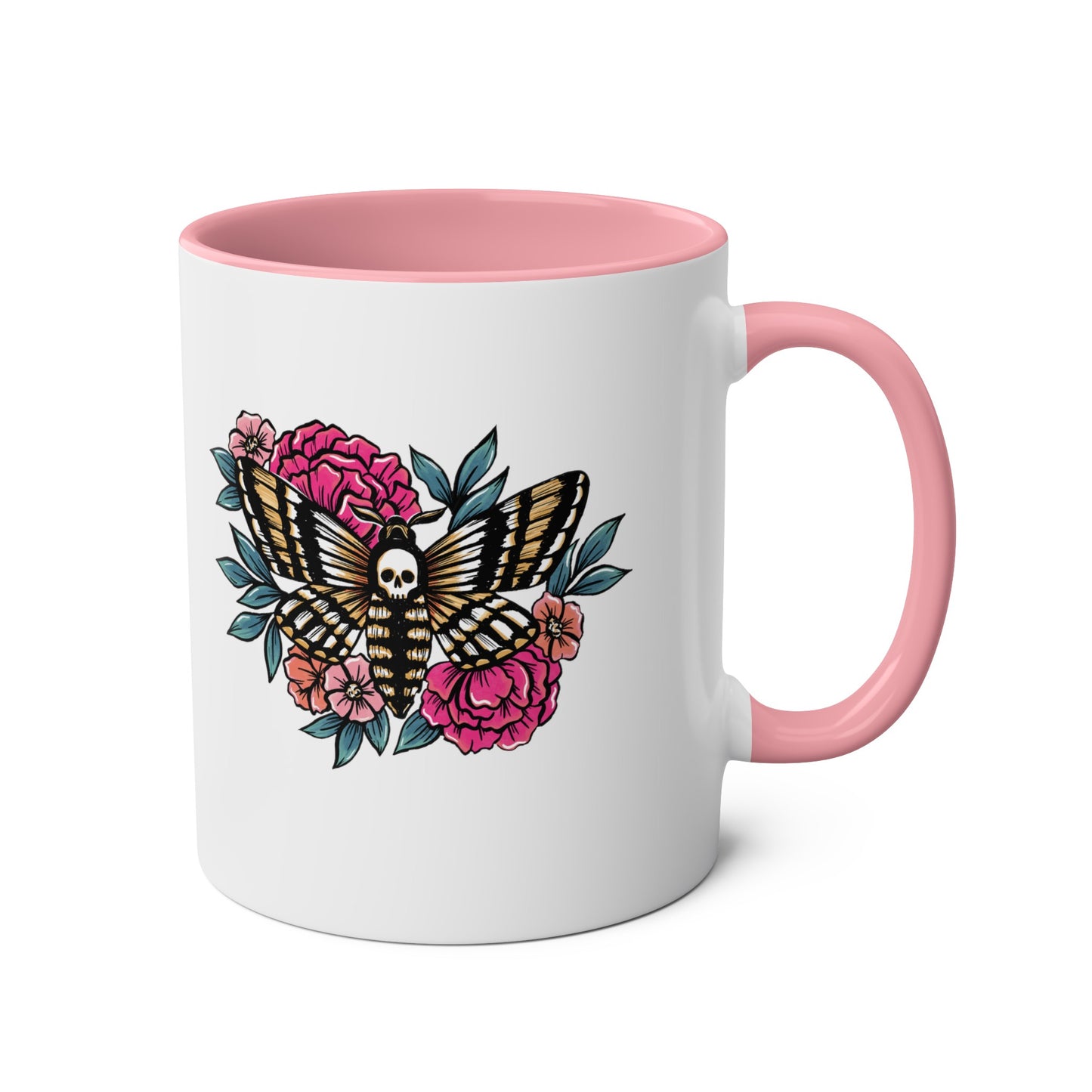 Two-Tone Coffee Mug, black or pink accent, death moth design,11oz