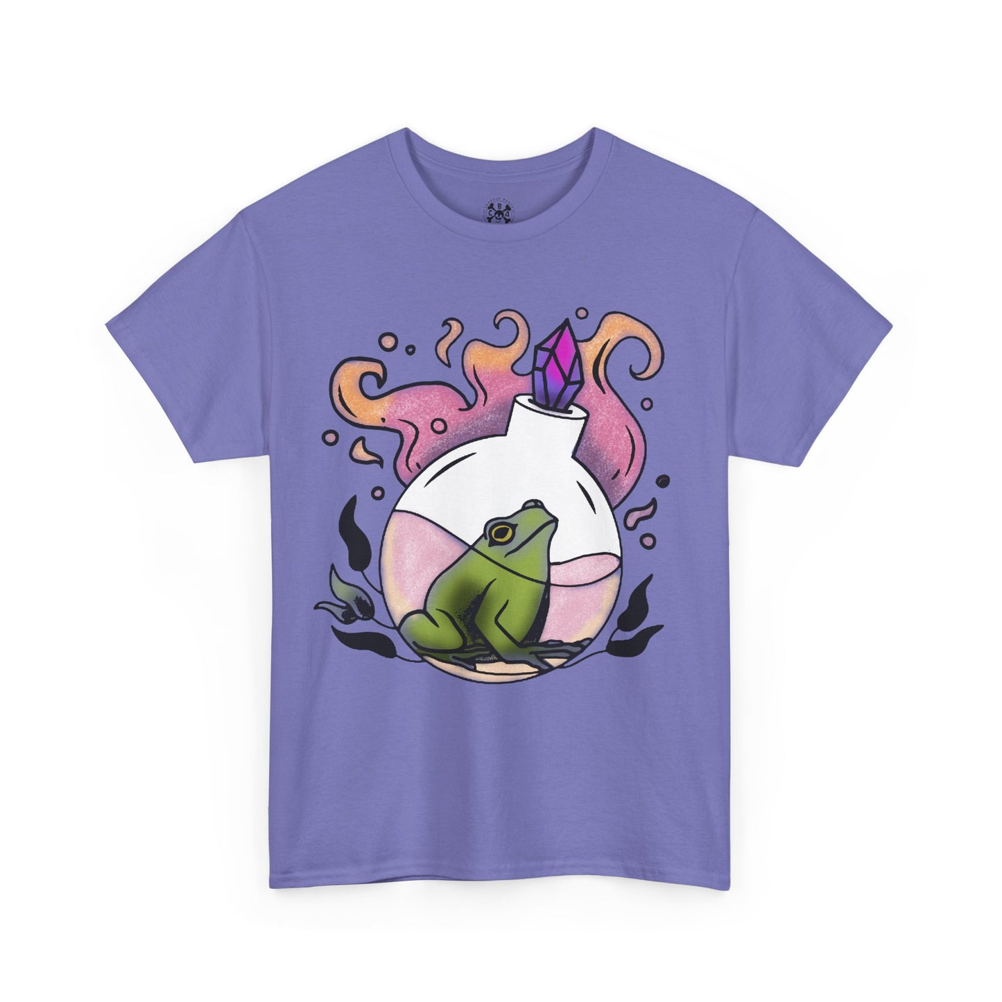 Unisex, violet, heavy cotton tee featuring a frog in a potion bottle