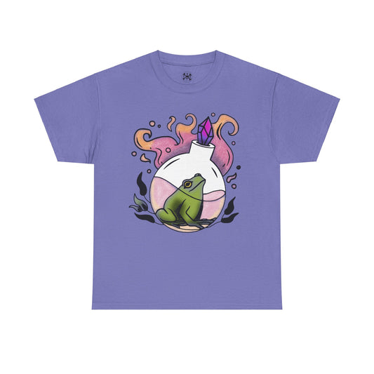 Unisex, violet, heavy cotton tee featuring a frog in a potion bottle