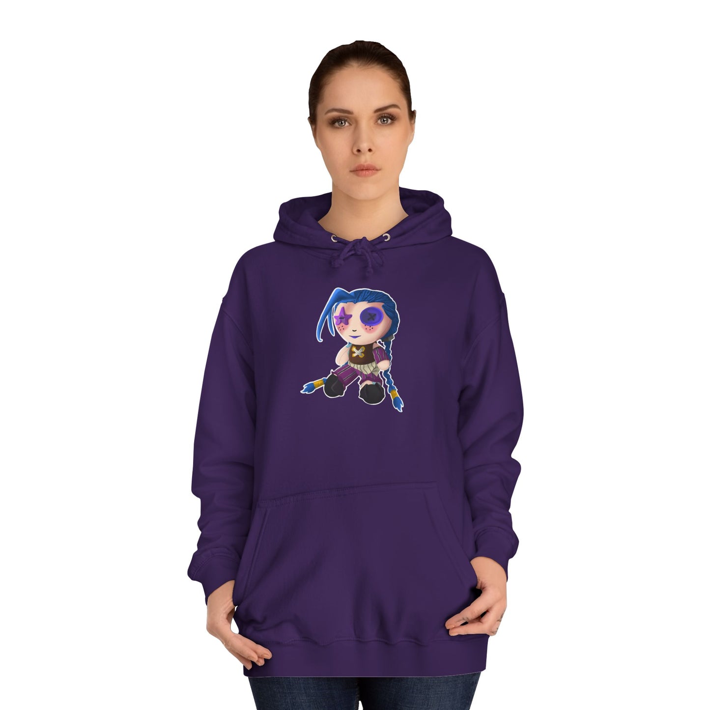Purple unisex college hoodie with fan drawn jinx, arcane, anime
