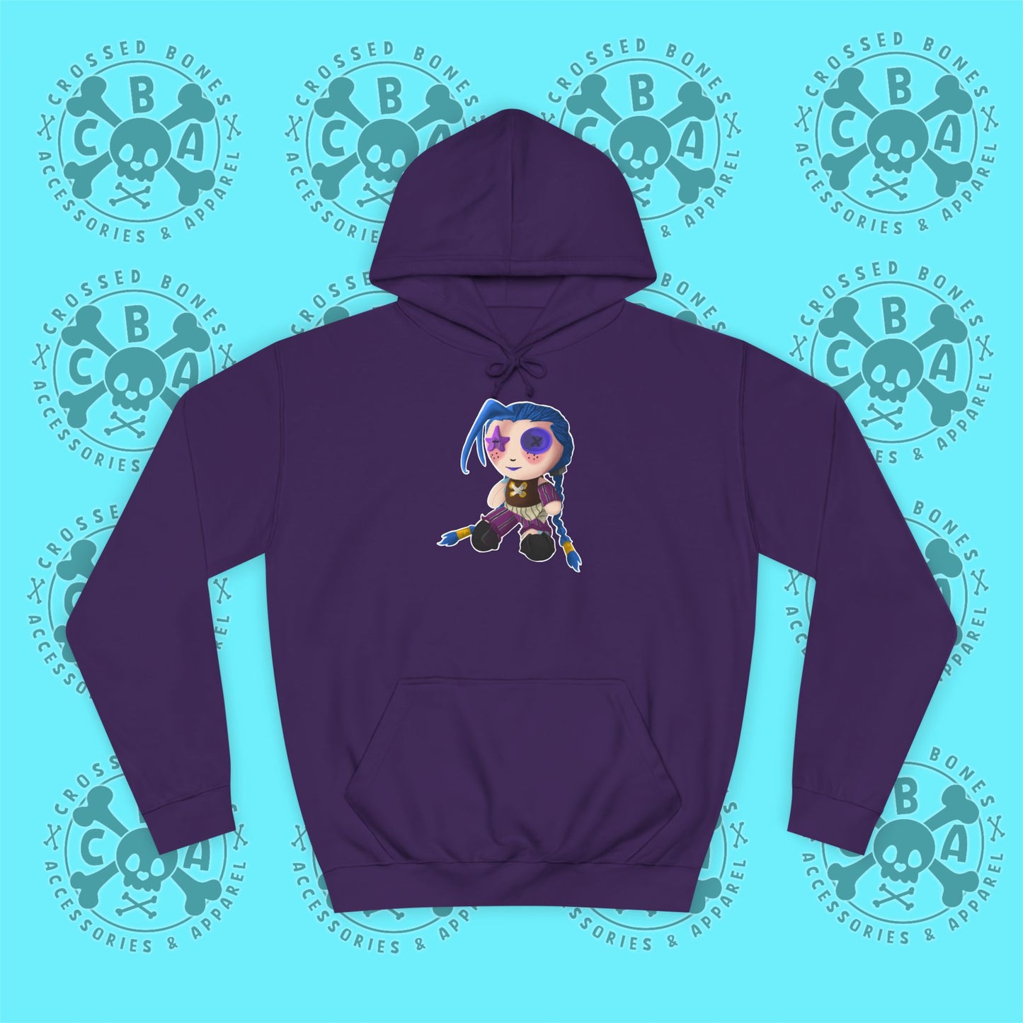 Purple unisex college hoodie with fan drawn jinx, arcane, anime