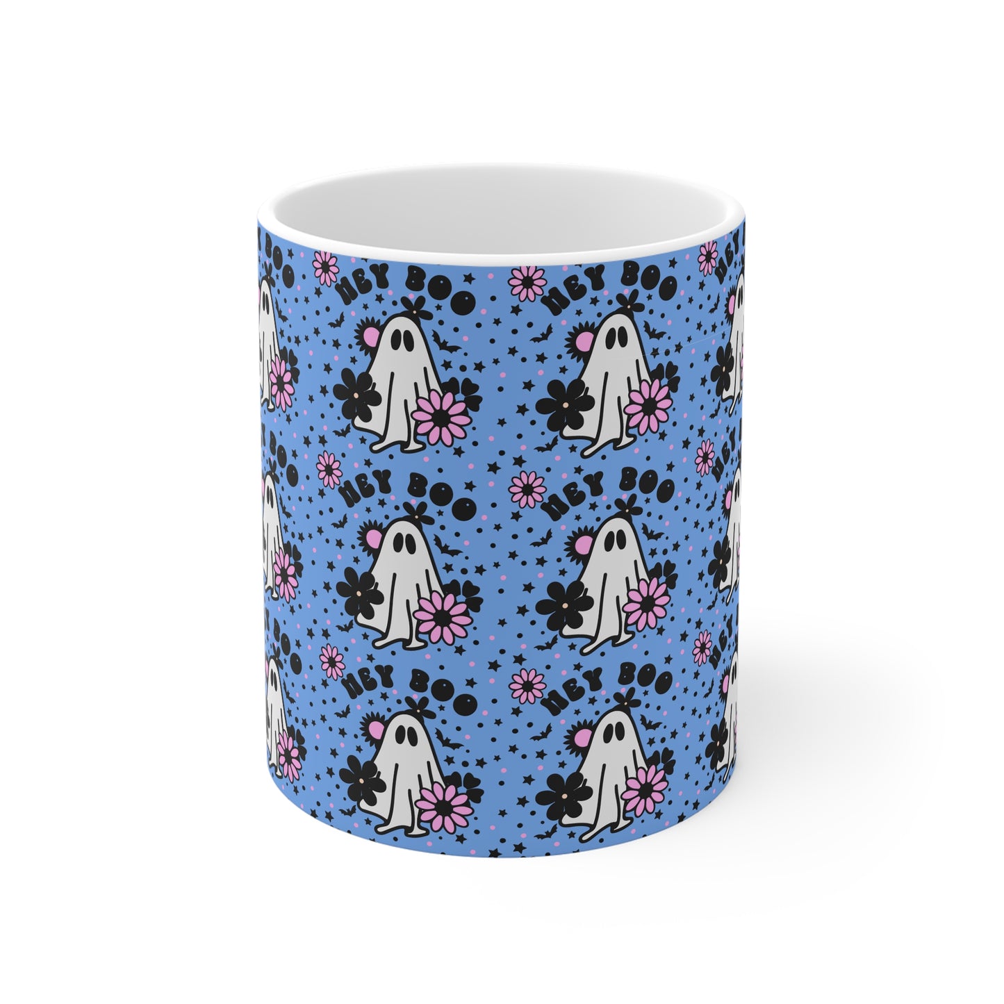 11oz Mug with ghost and hey boo design, blue