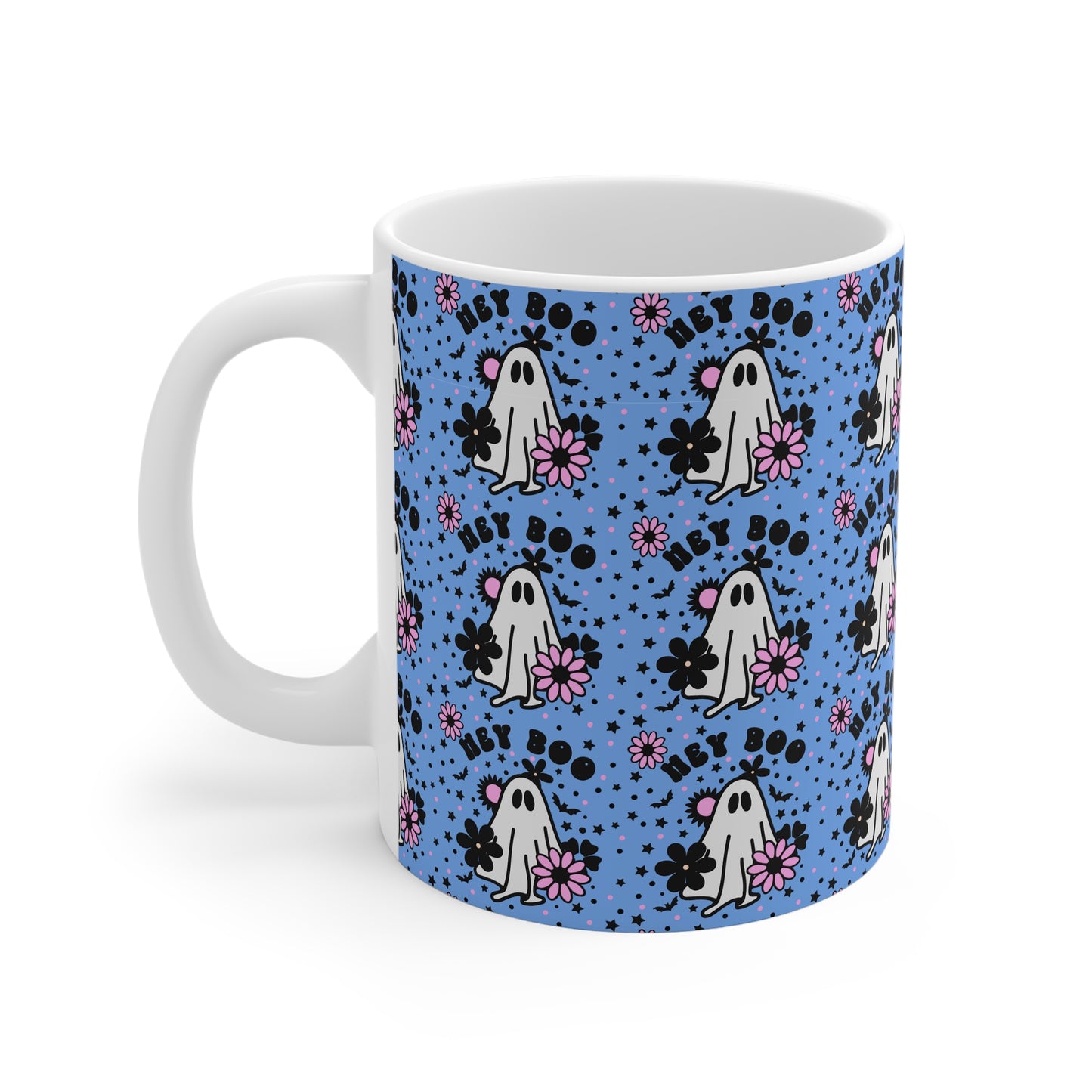 11oz Mug with ghost and hey boo design, blue