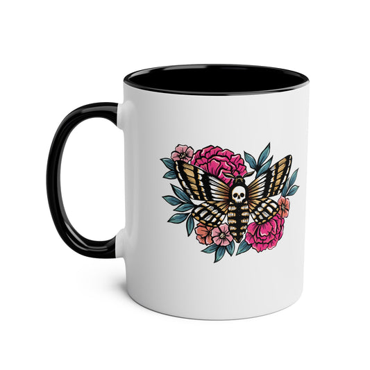 Two-Tone Coffee Mug, black or pink accent, death moth design,11oz