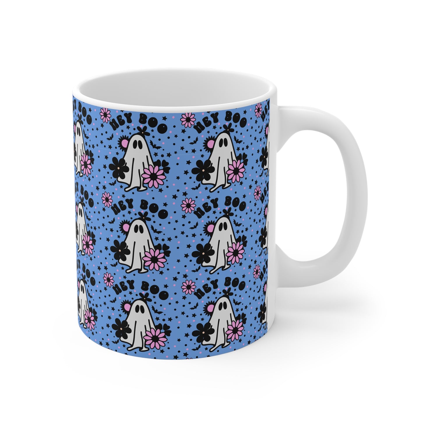 11oz Mug with ghost and hey boo design, blue