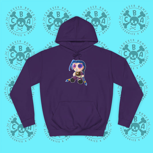 Purple unisex college hoodie with fan drawn jinx, arcane, anime